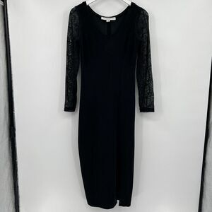 Vintage Lillie Rubin Black Midi Dress Side Leg Slit Lace Sleeves Size Medium‎